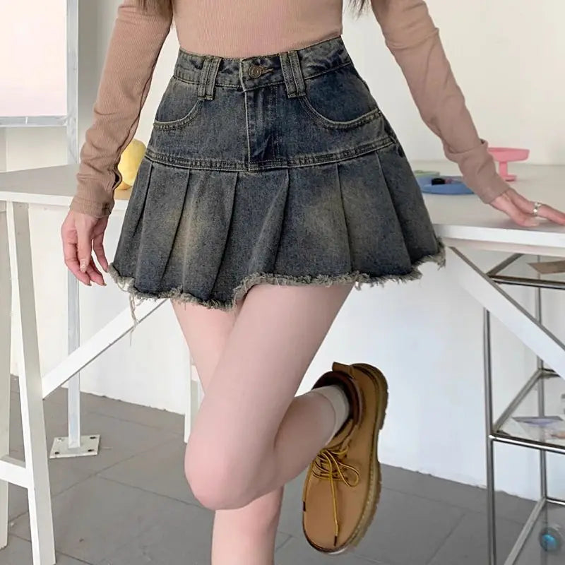 Denim Skirt Women Pleated Short