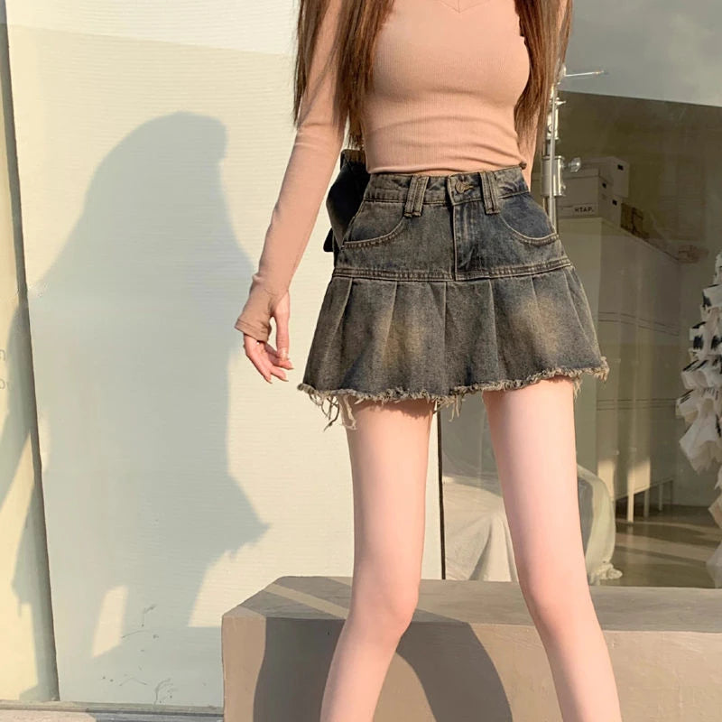 Denim Skirt Women Pleated Short