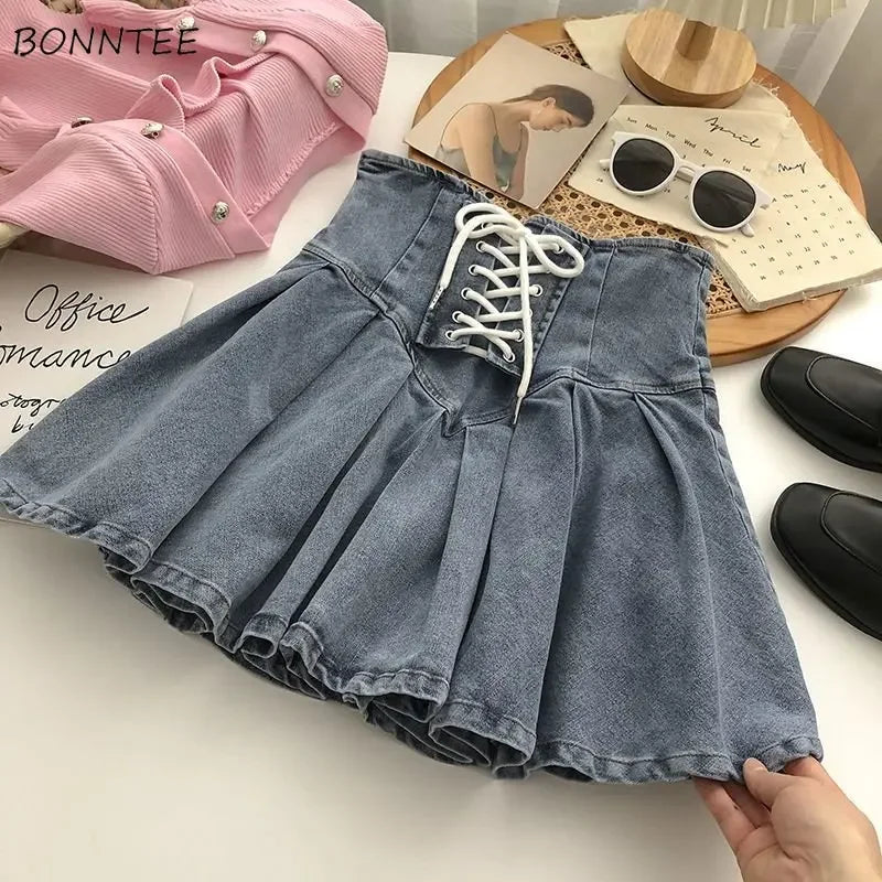 Pleated Denim Women Skirts