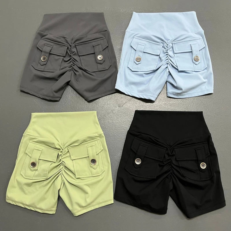 Women Sport Shorts Pockets Gym High Waist