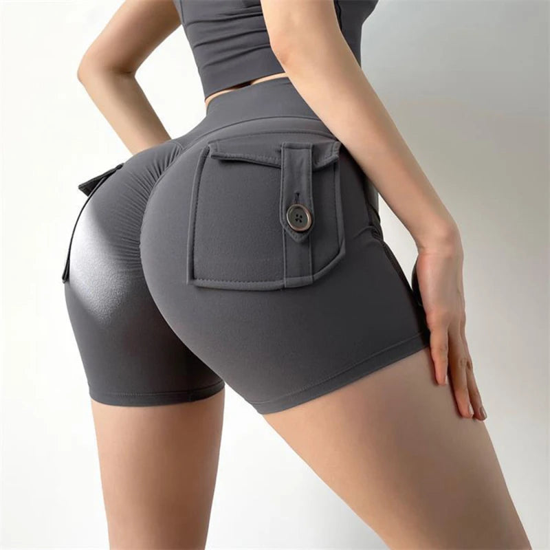 Women Sport Shorts Pockets Gym High Waist