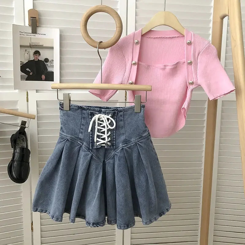 Pleated Denim Women Skirts