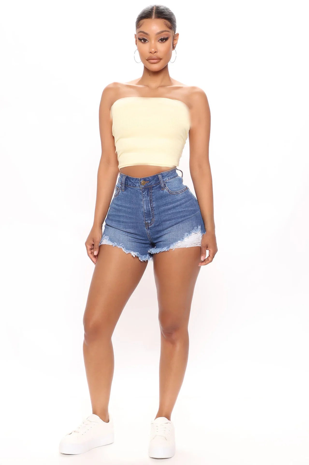 Collection of Women Stretch Ripped Denim Shorts Jeans High Waist Booty Shorts in a gallery layout