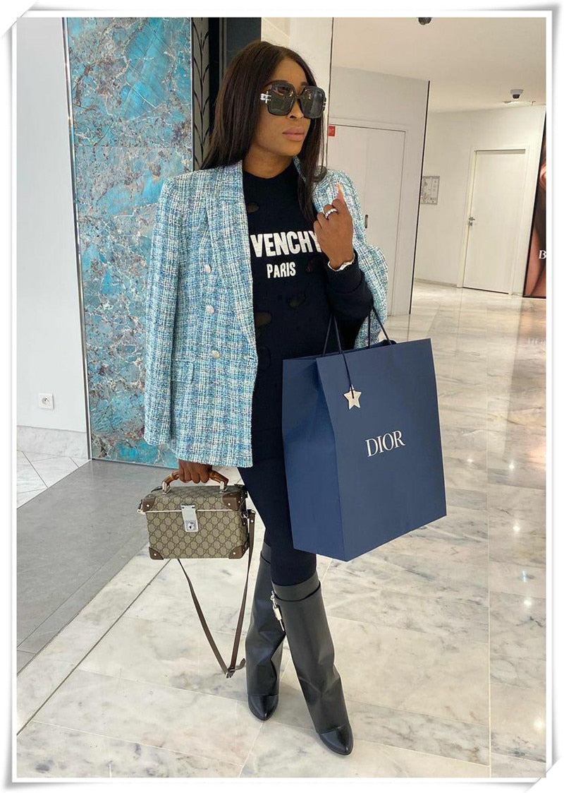 Collection of Blue Office Ladies Plaid Jacket Coat Winter in a gallery layout