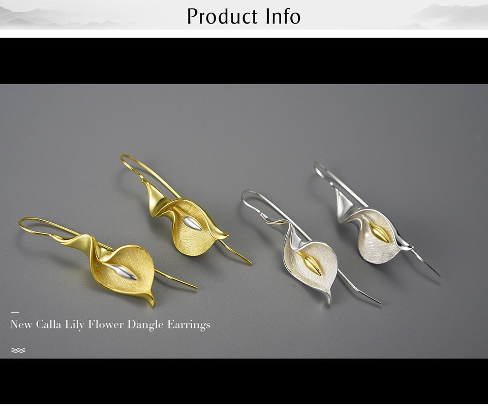 18K Gold Long Hanging New Calla Lily Flower Dangle Earrings