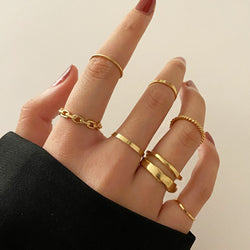 Collection of Gold Color Round Hollow Geometric Rings in a gallery layout