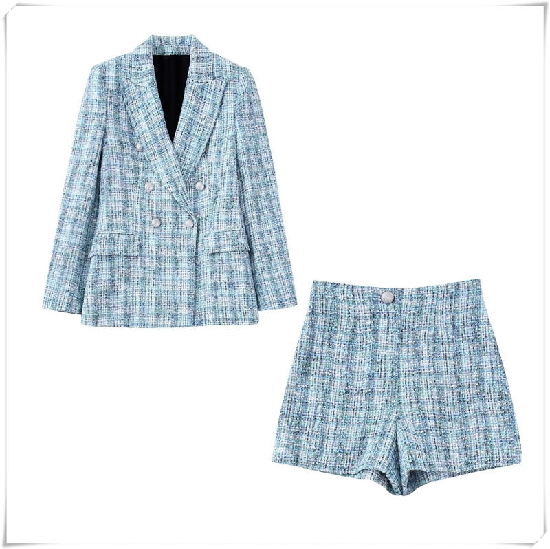Blue Office Ladies Plaid Jacket Coat Winter