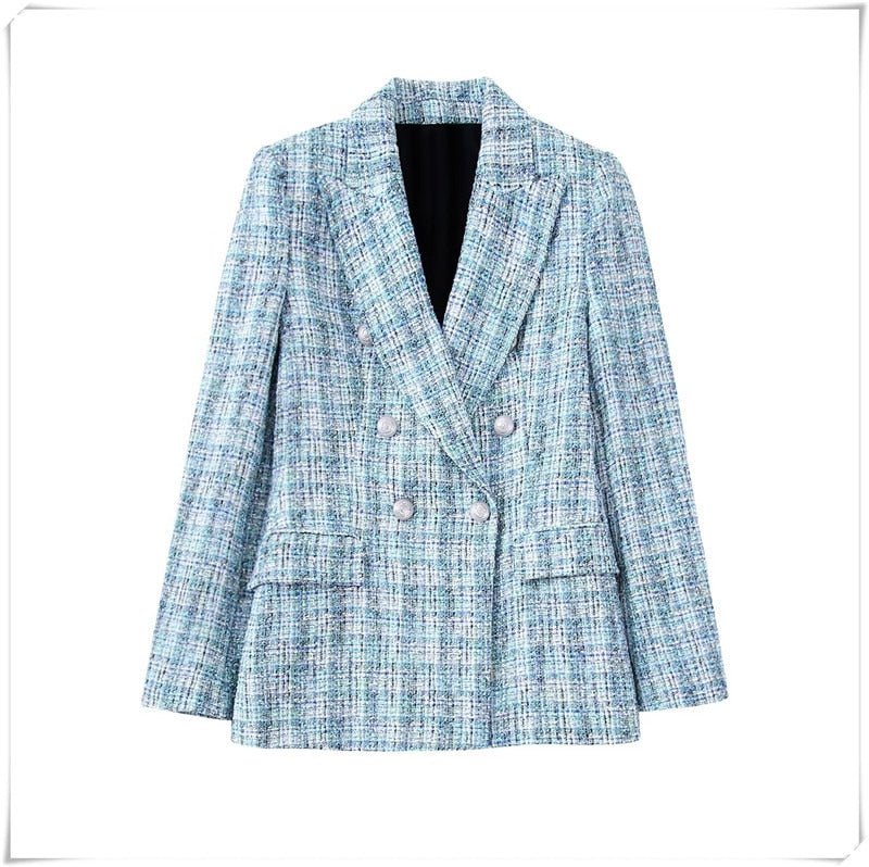 Collection of Blue Office Ladies Plaid Jacket Coat Winter in a gallery layout