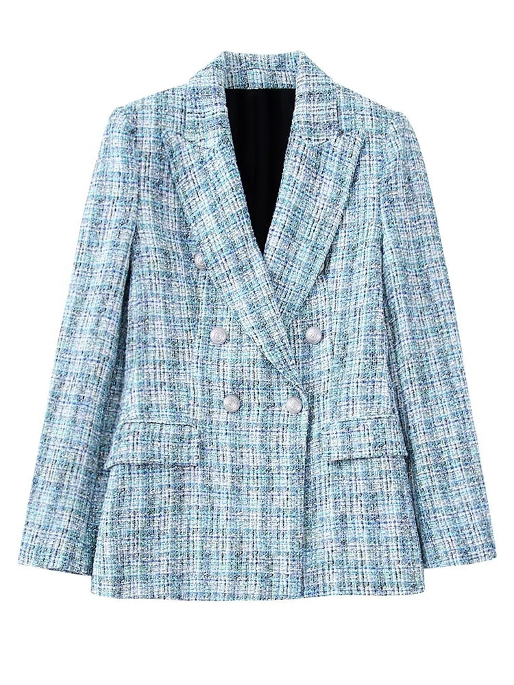 Blue Office Ladies Plaid Jacket Coat Winter