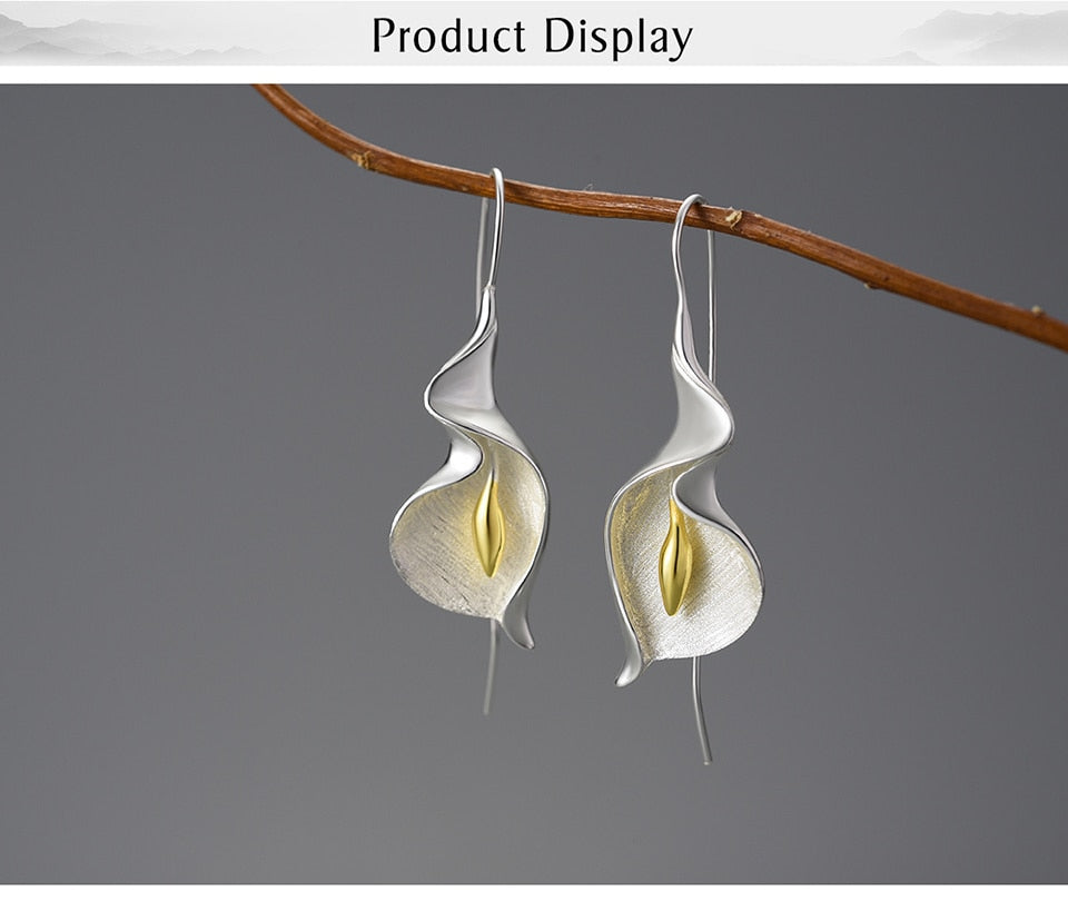 18K Gold Long Hanging New Calla Lily Flower Dangle Earrings