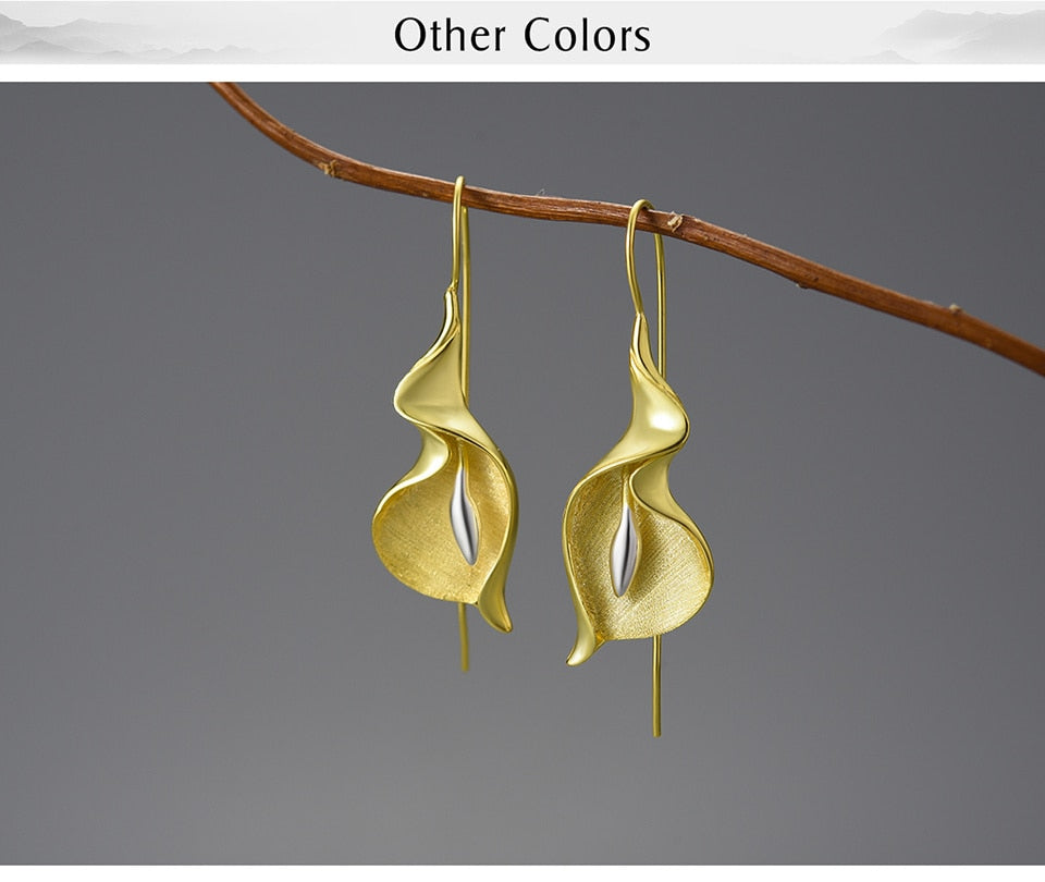 18K Gold Long Hanging New Calla Lily Flower Dangle Earrings