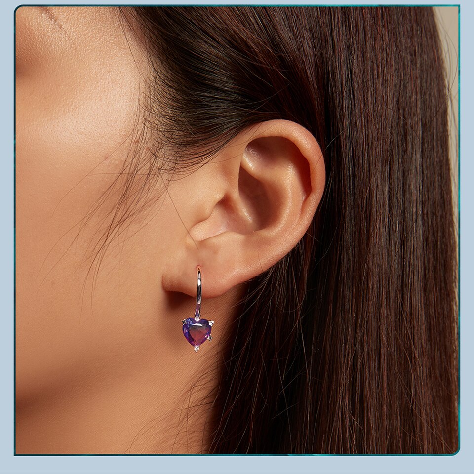 Collection of Sterling Silver Blue Purple Rainbow Heart Hoop Earrings in a gallery layout