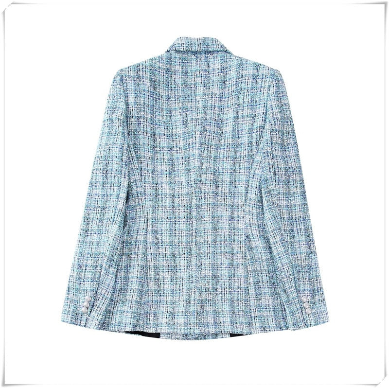 Blue Office Ladies Plaid Jacket Coat Winter