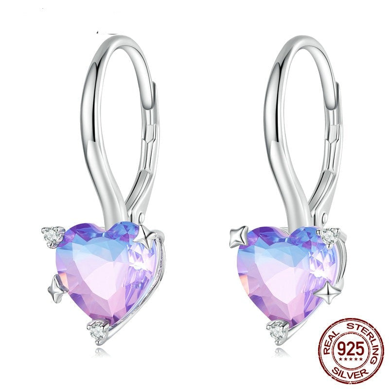 Sterling Silver Blue Purple Rainbow Heart Hoop Earrings