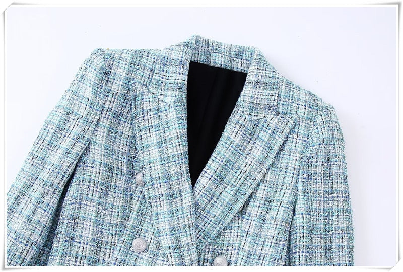 Blue Office Ladies Plaid Jacket Coat Winter