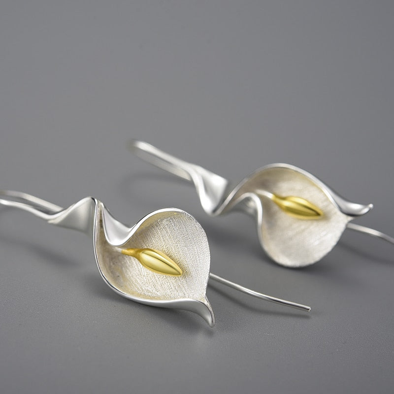 18K Gold Long Hanging New Calla Lily Flower Dangle Earrings